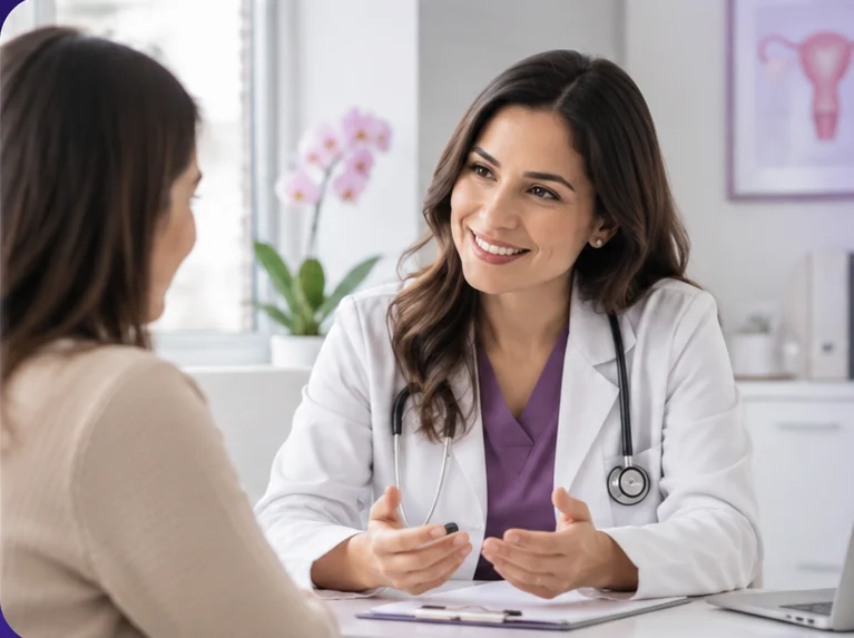Profesional médica conversando con una paciente en consulta